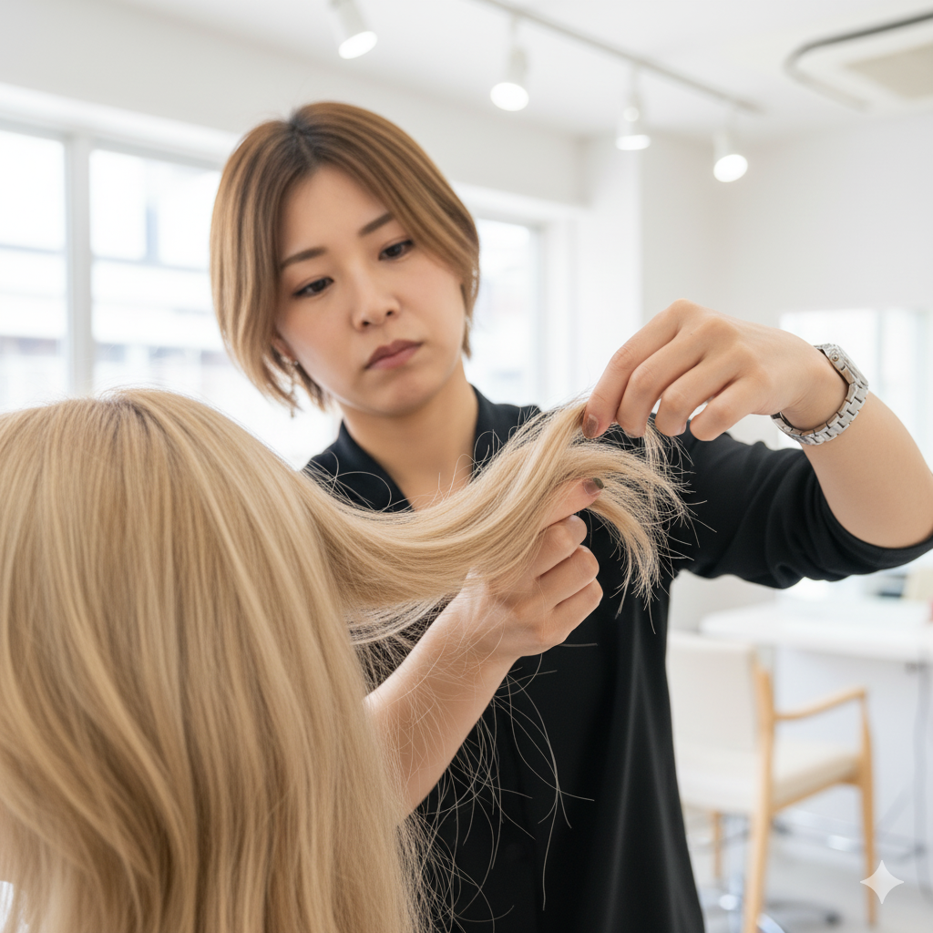 美容師がブリーチ毛のダメージをチェックしている様子